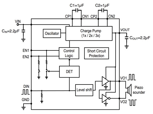 Figure 1: Piezo sounder driver (PAM8904E) with charge pump