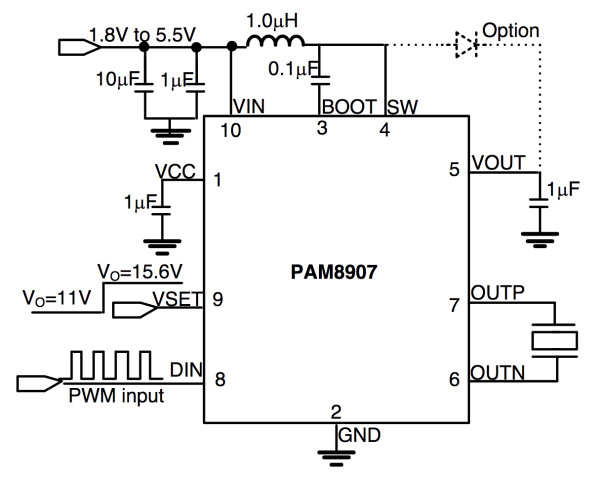 Figure 2: PAM8907 (with inductive boost driver) typical applications circuit